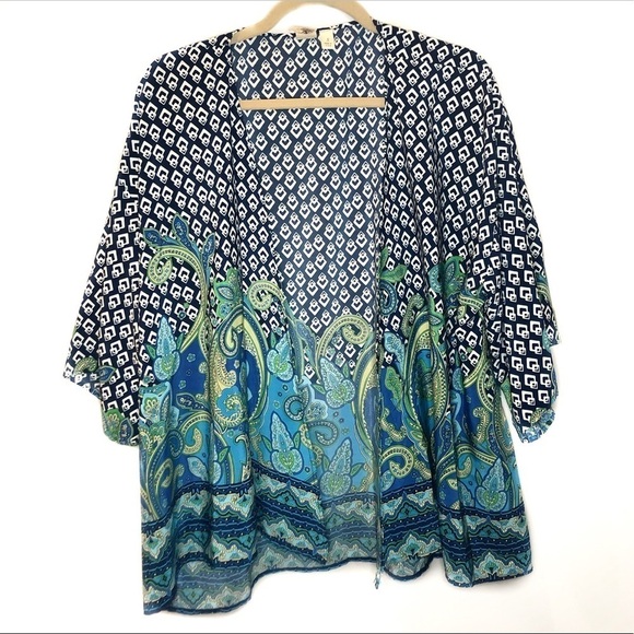 Silky Blue & Green Patterned Kimono - Picture 1 of 6